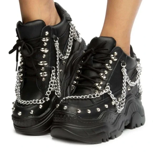 Antony wang Chunky Black Platform Sneakers with Silver Chain & Stud Details - Picture 2 of 15